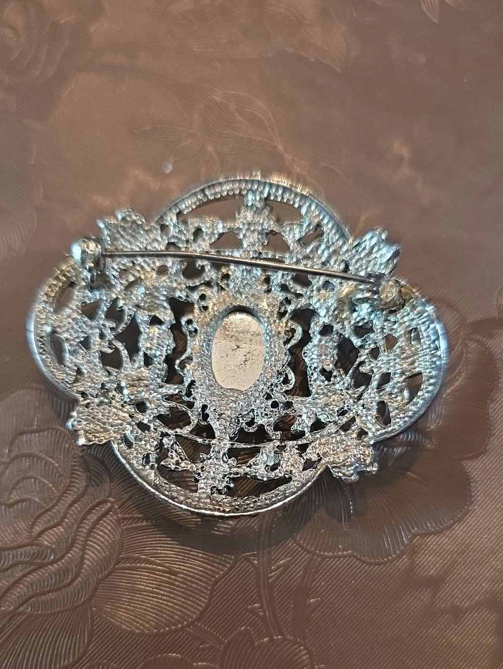 Antique Floral Filigree Brooch with Pink Center Stone And Purple Accents